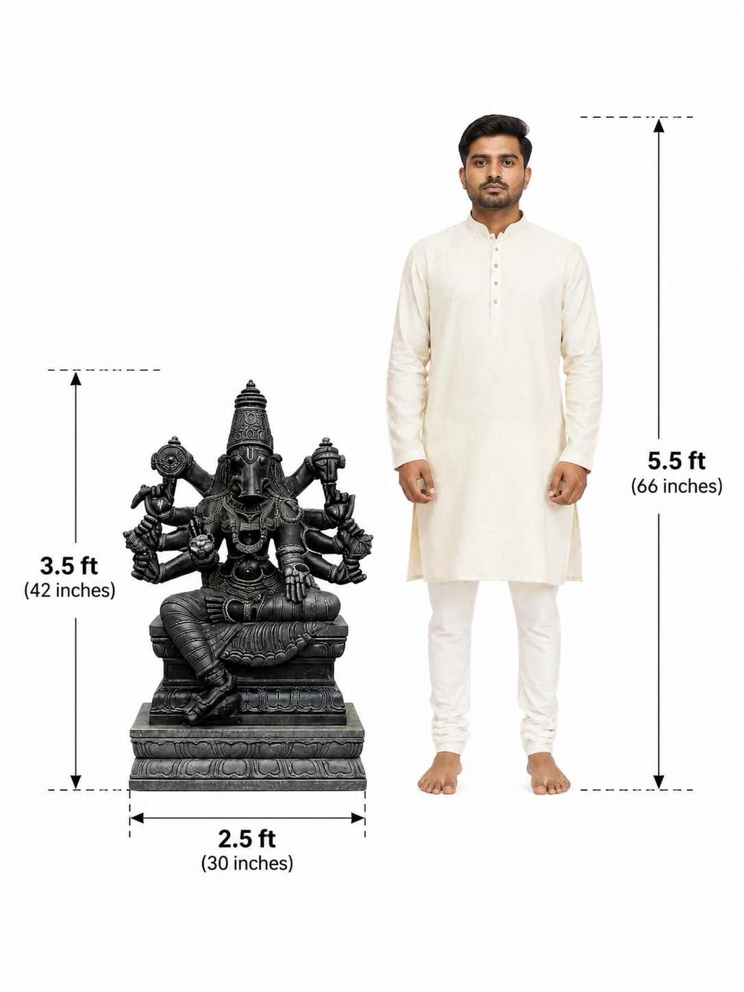 Hand-carved 3.5 ft Varahi Amman statue in natural stone, product view 5 highlighting the sculpture and carved details.