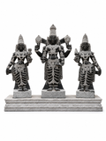 Hand-carved 3.5 ft Vishnu with Lakshmi and Bhoo Devi statue set in natural stone, product view 1 showing the three figures.