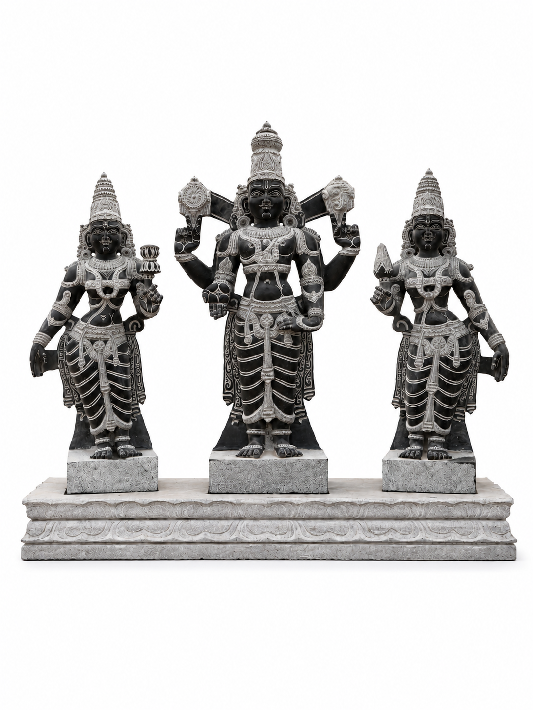 Hand-carved 3.5 ft Vishnu with Lakshmi and Bhoo Devi statue set in natural stone, product view 1 showing the three figures.