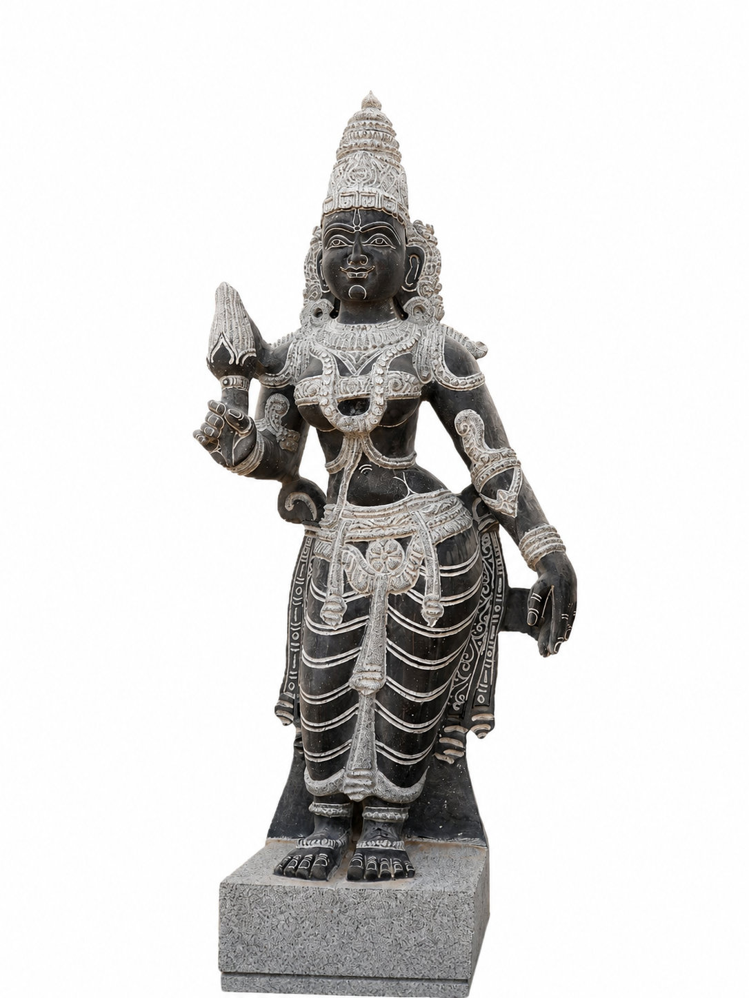 Hand-carved 3.5 ft Vishnu with Lakshmi and Bhoo Devi statue set in natural stone, product view 3 showing the three figures.