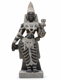 Hand-carved 3.5 ft Vishnu with Lakshmi and Bhoo Devi statue set in natural stone, product view 4 showing the three figures.