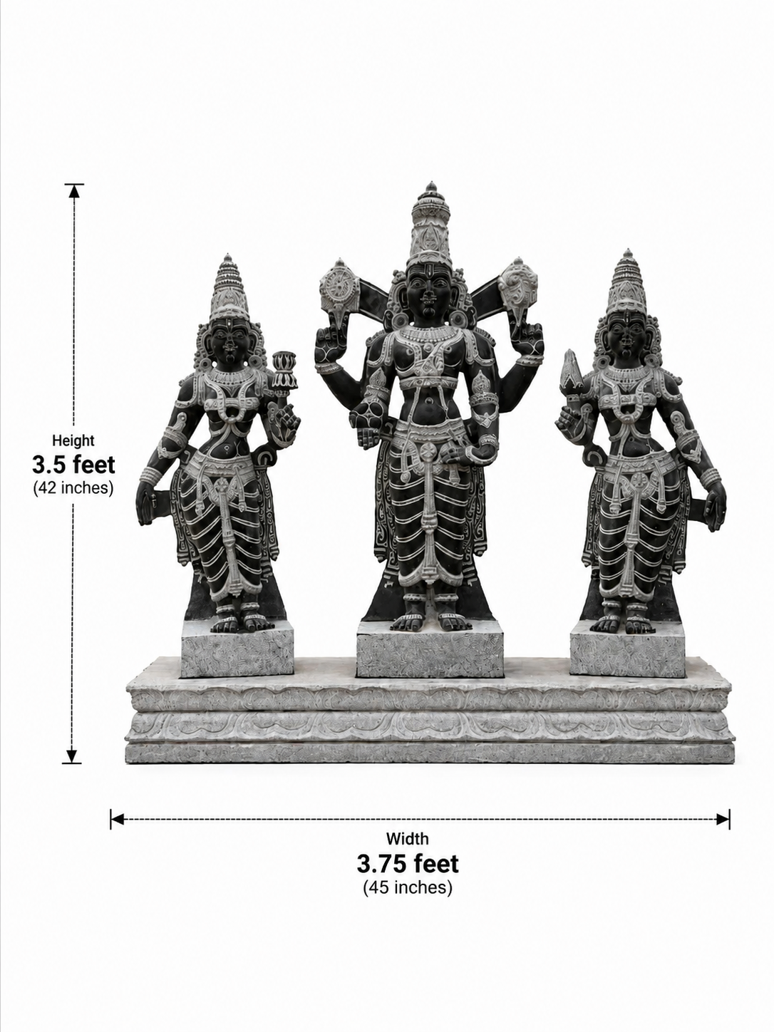 Hand-carved 3.5 ft Vishnu with Lakshmi and Bhoo Devi statue set in natural stone, product view 5 showing the three figures.