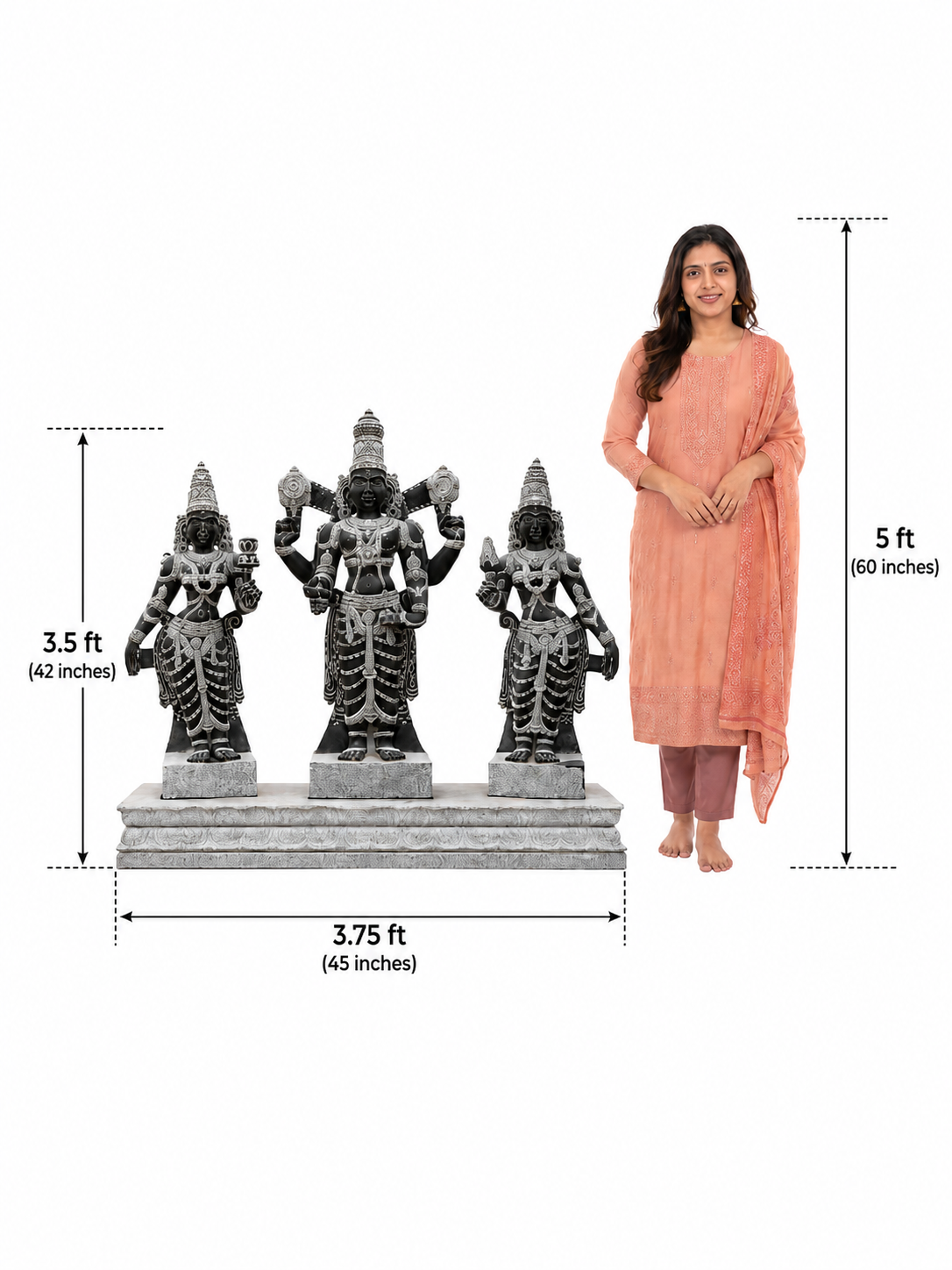 Hand-carved 3.5 ft Vishnu with Lakshmi and Bhoo Devi statue set in natural stone, product view 6 showing the three figures.