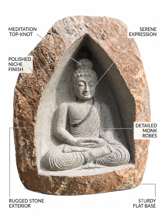Hand-carved 3.6 ft Buddha Boulder Statue in natural Charnockite stone, product view 2 showing the sculpture and carved details.