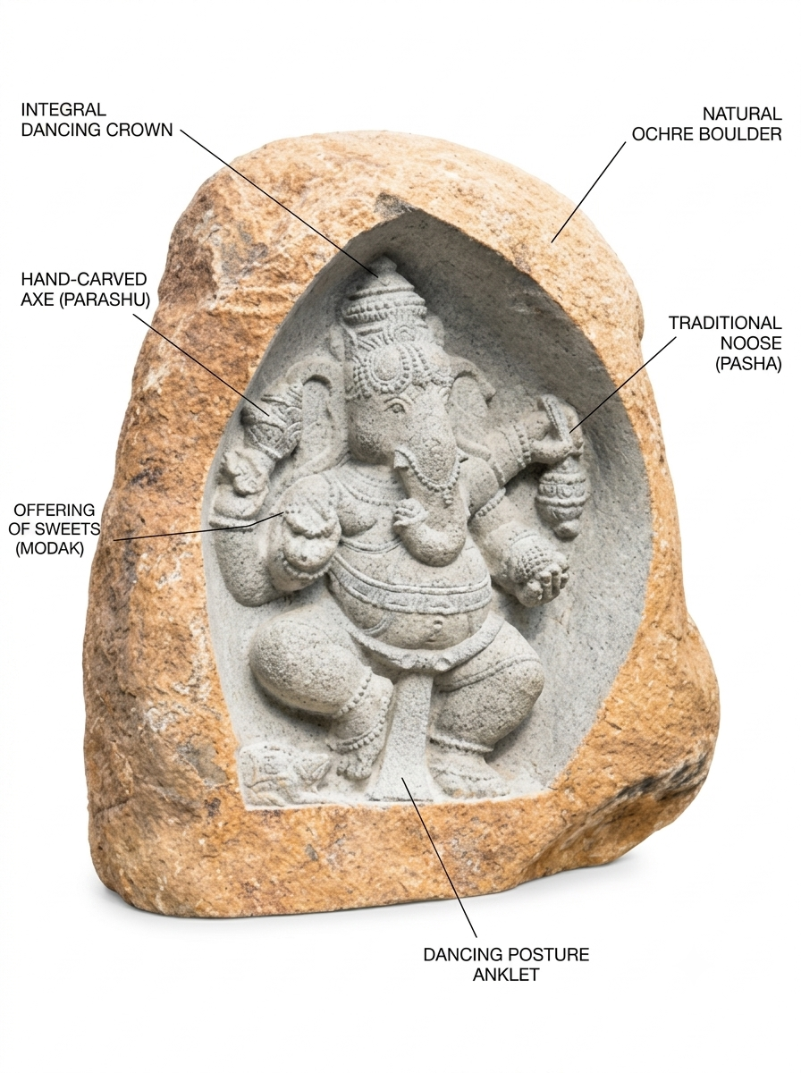 Hand-carved 3.6 ft Ganesha Boulder Statue in natural Charnockite stone, product view 2 showing the sculpture and carved details.