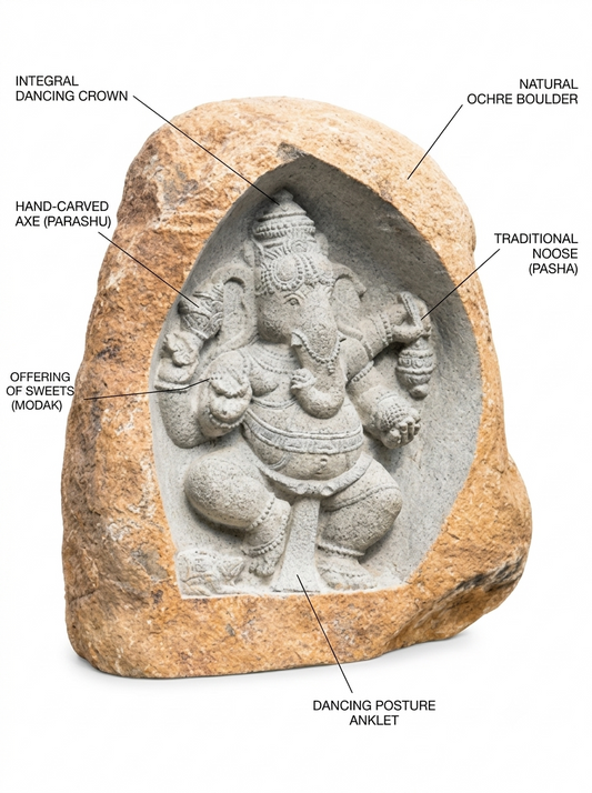 Hand-carved 3.6 ft Ganesha Boulder Statue in natural Charnockite stone, product view 2 showing the sculpture and carved details.