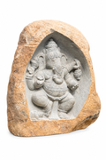Hand-carved 3.6 ft Ganesha Boulder Statue in natural Charnockite stone, product view 3 showing the sculpture and carved details.