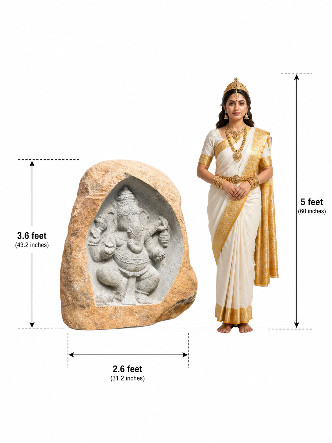 Hand-carved 3.6 ft Ganesha Boulder Statue in natural Charnockite stone, product view 5 showing the sculpture and carved details.