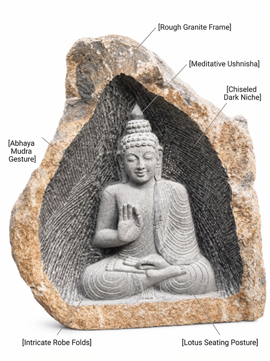 Hand-carved 3.6 ft Meditating Buddha Boulder Sculpture in natural Charnockite stone, product view 2 showing the sculpture and carved details.