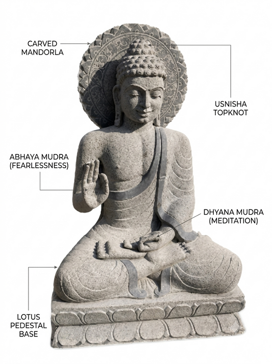 Hand-carved 3.6 ft Meditating Buddha Statue in natural Charnockite stone, product view 2 showing the sculpture and carved details.