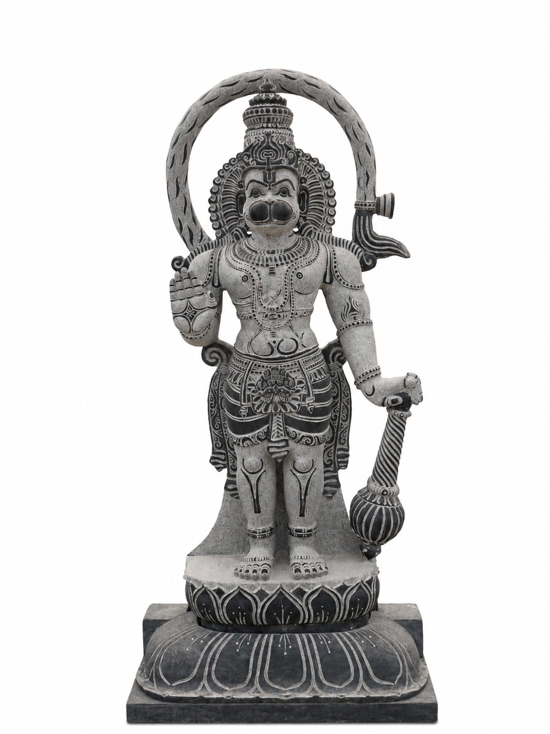 Hand-carved 3.75 ft Hanuman statue in natural stone, product view 1 highlighting the sculpture and carved details.