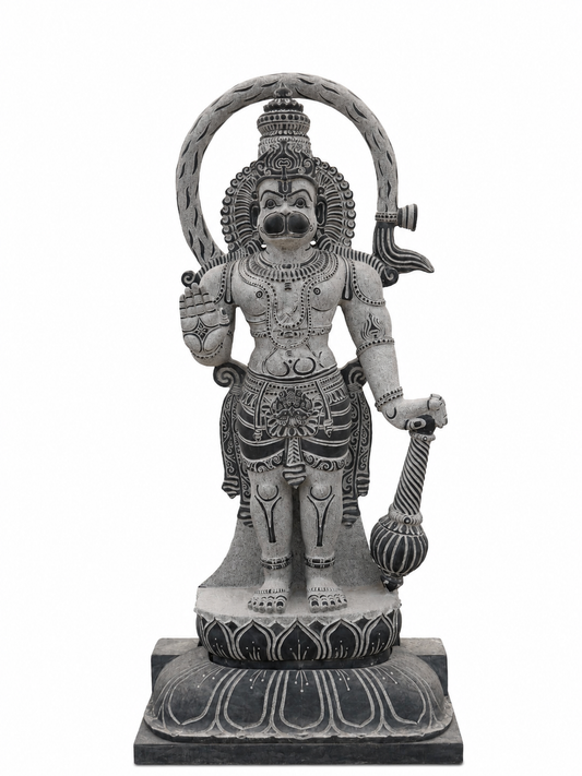 Hand-carved 3.75 ft Hanuman statue in natural stone, product view 1 highlighting the sculpture and carved details.