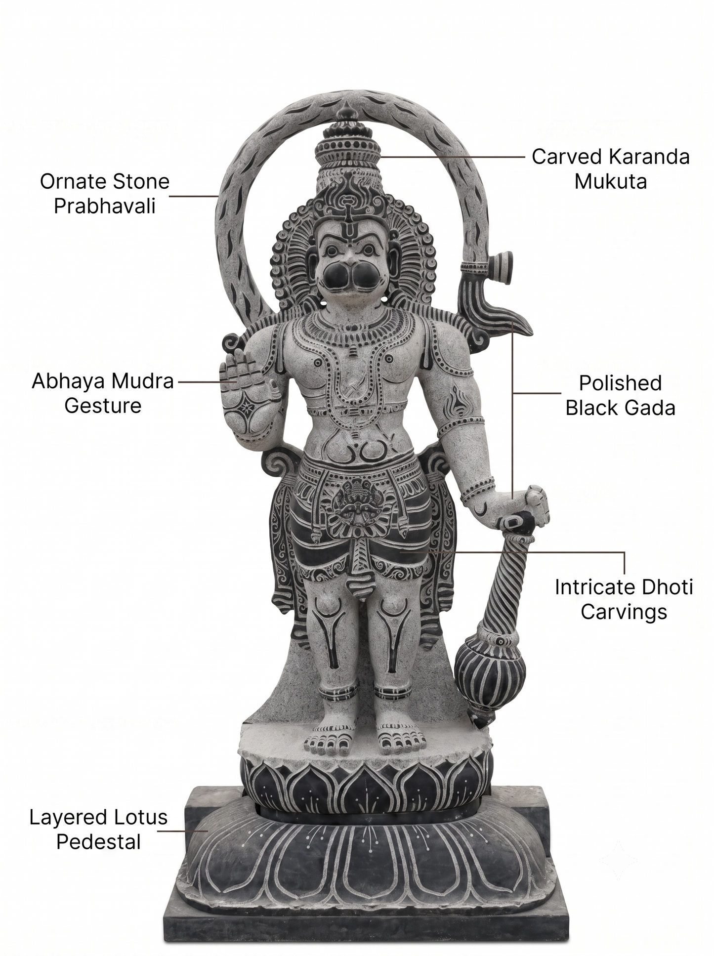 Hand-carved 3.75 ft Hanuman statue in natural stone, product view 2 highlighting the sculpture and carved details.