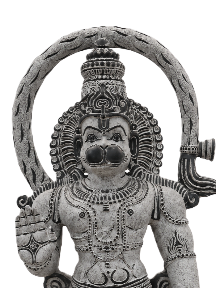Hand-carved 3.75 ft Hanuman statue in natural stone, product view 4 highlighting the sculpture and carved details.