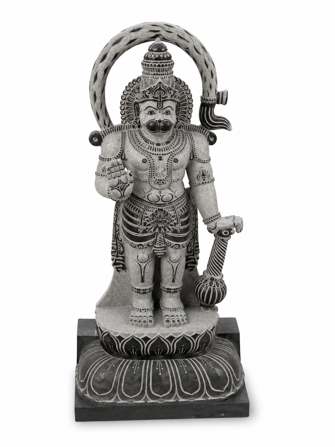 Hand-carved 3.75 ft Hanuman statue in natural stone, product view 5 highlighting the sculpture and carved details.