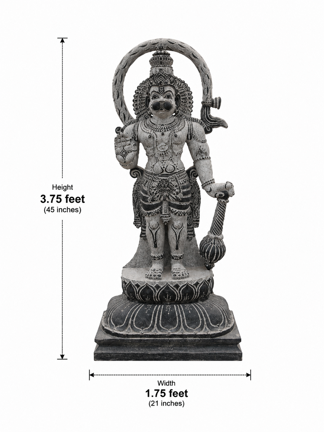 Hand-carved 3.75 ft Hanuman statue in natural stone, product view 6 highlighting the sculpture and carved details.