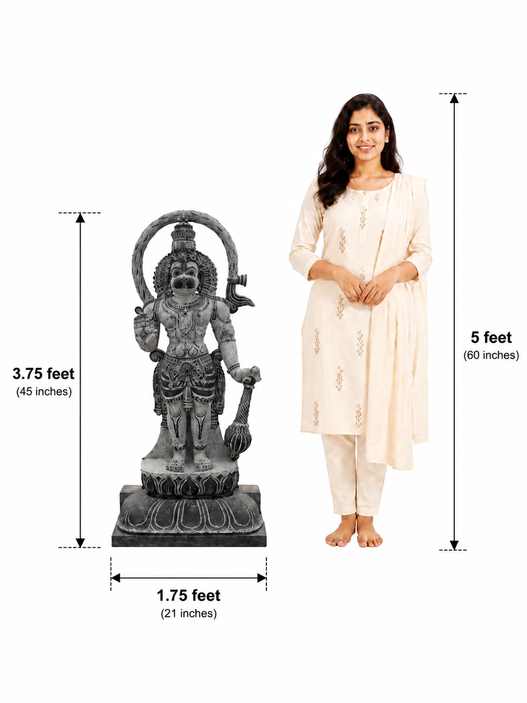 Hand-carved 3.75 ft Hanuman statue in natural stone, product view 7 highlighting the sculpture and carved details.