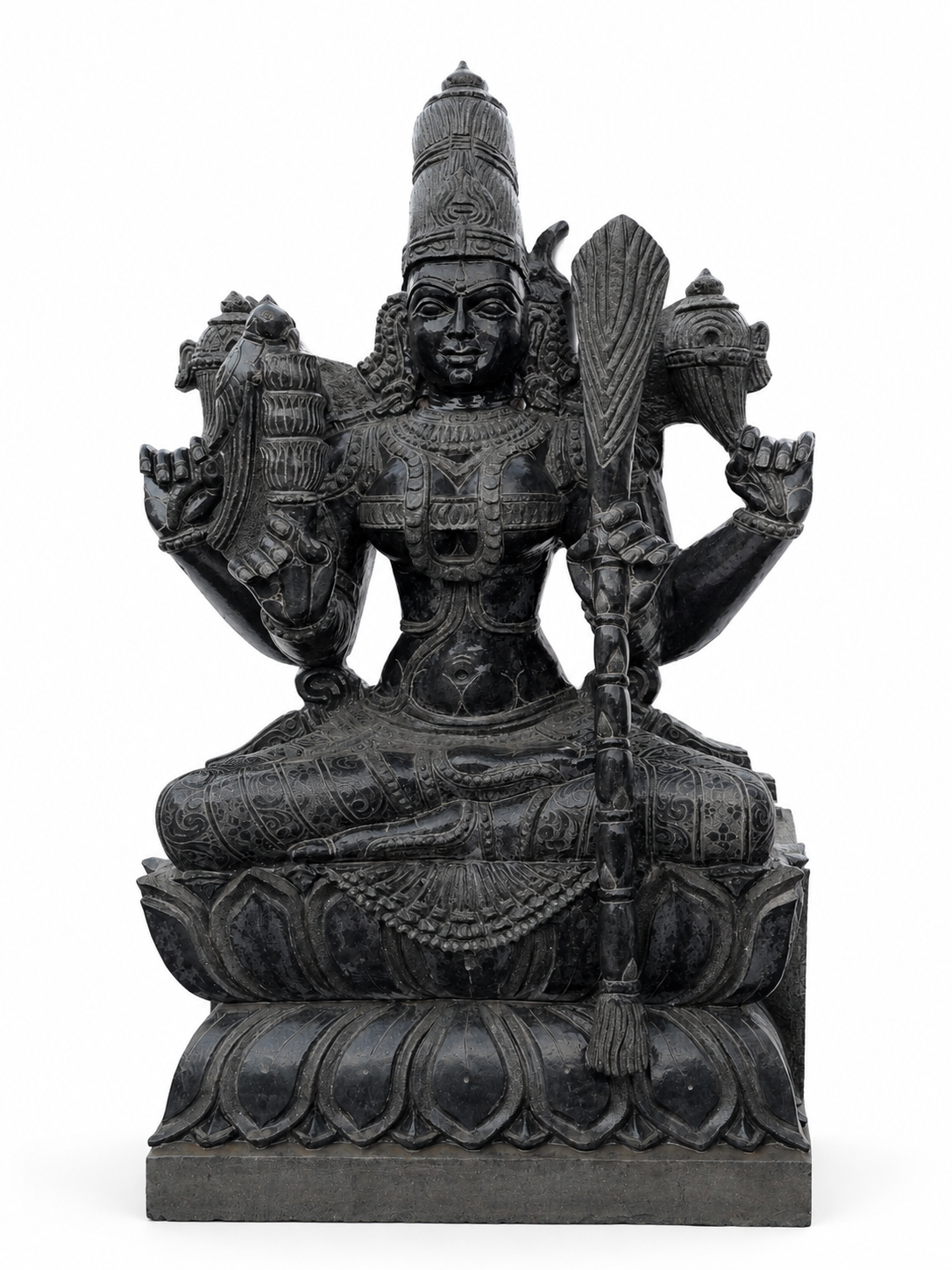 Hand-carved 3.75 ft Kamatchi Amman statue in natural stone, product view 1 highlighting the sculpture and carved details.
