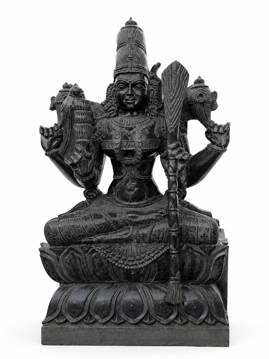 Hand-carved 3.75 ft Kamatchi Amman statue in natural stone, product view 1 highlighting the sculpture and carved details.