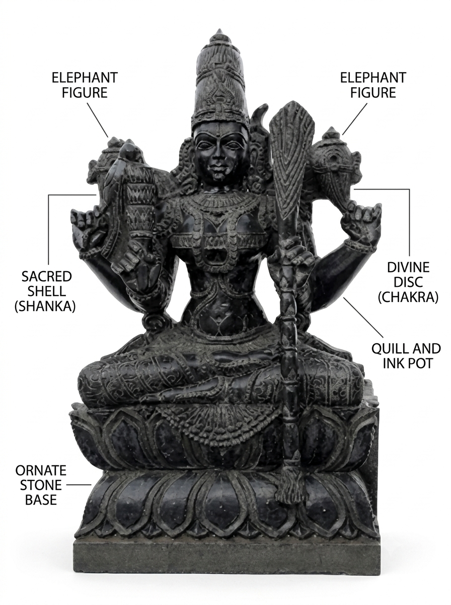 Hand-carved 3.75 ft Kamatchi Amman statue in natural stone, product view 2 highlighting the sculpture and carved details.