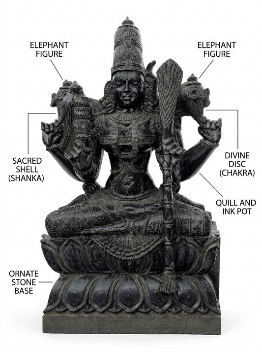 Hand-carved 3.75 ft Kamatchi Amman statue in natural stone, product view 2 highlighting the sculpture and carved details.