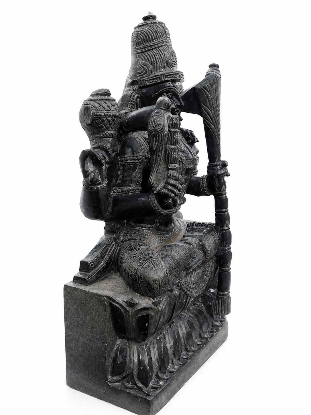 Hand-carved 3.75 ft Kamatchi Amman statue in natural stone, product view 3 highlighting the sculpture and carved details.