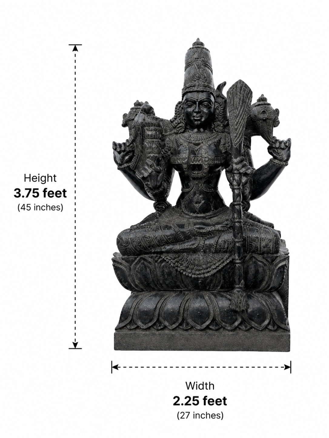 Hand-carved 3.75 ft Kamatchi Amman statue in natural stone, product view 4 highlighting the sculpture and carved details.