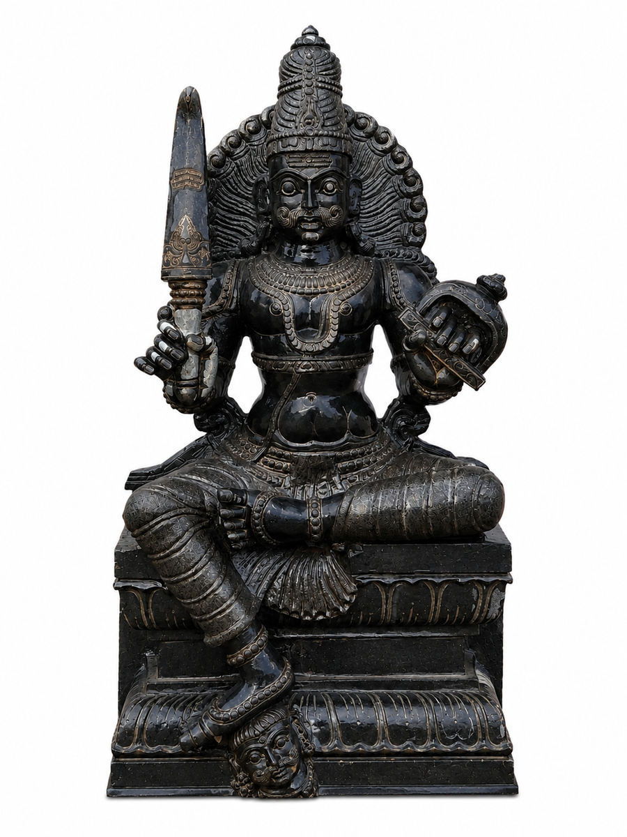 Hand-carved 3.75 ft Munishvaran statue in natural stone, product view 1 highlighting the guardian deity form and carved details.