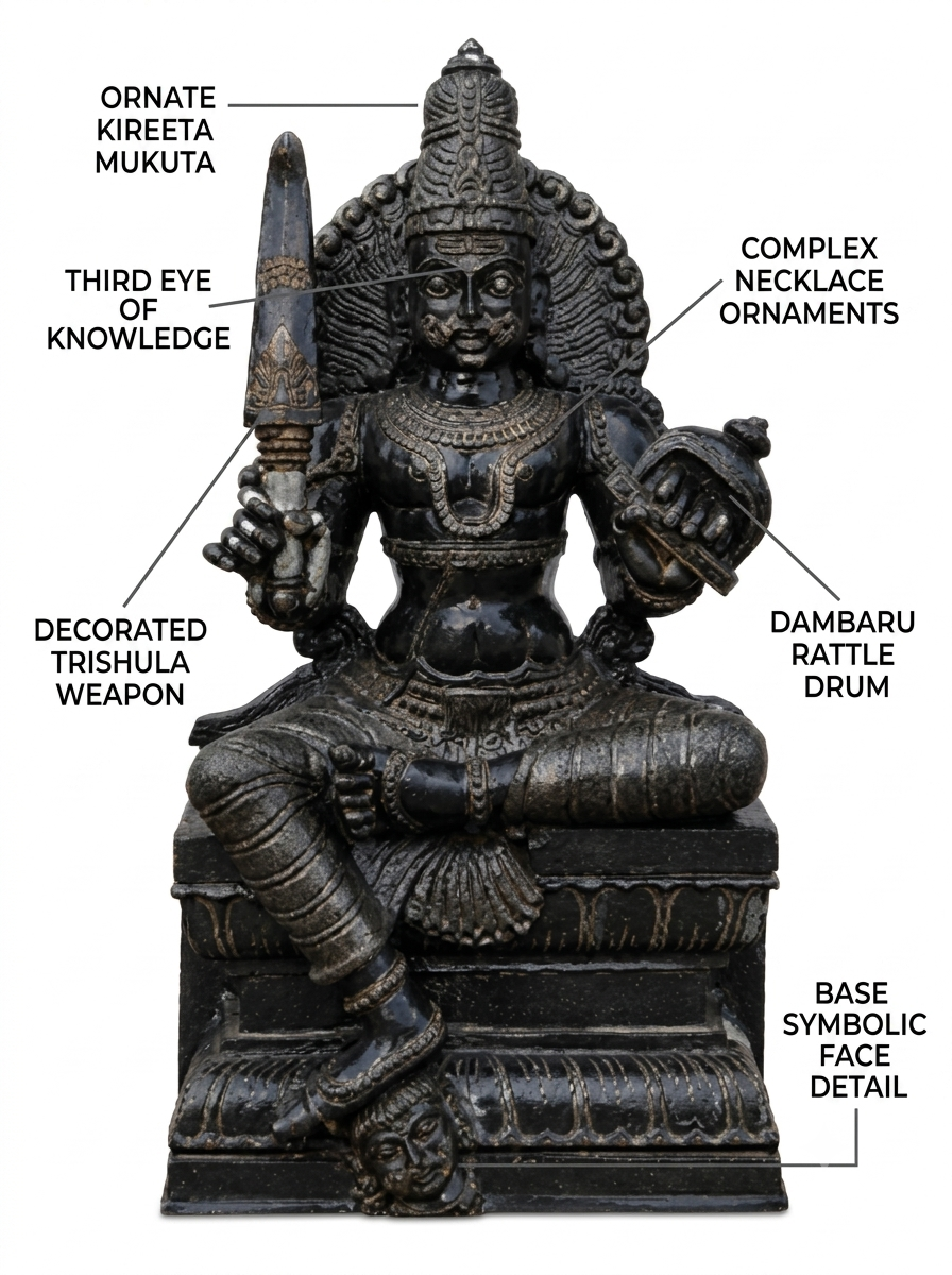 Hand-carved 3.75 ft Munishvaran statue in natural stone, product view 2 highlighting the guardian deity form and carved details.