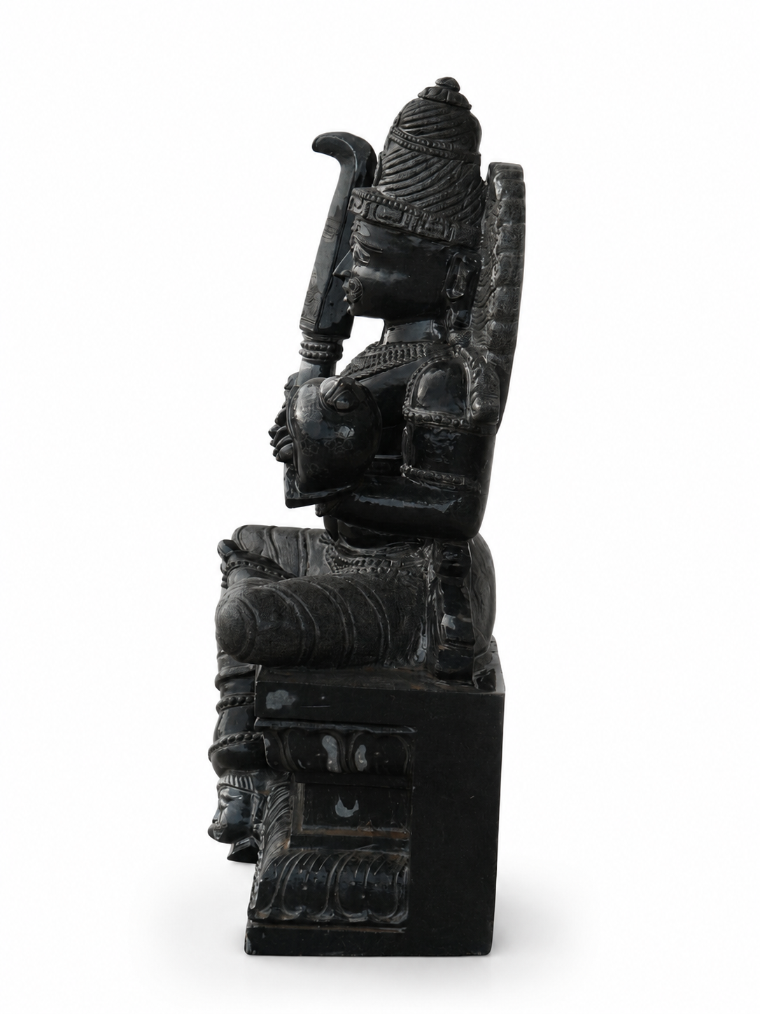 Hand-carved 3.75 ft Munishvaran statue in natural stone, product view 3 highlighting the guardian deity form and carved details.