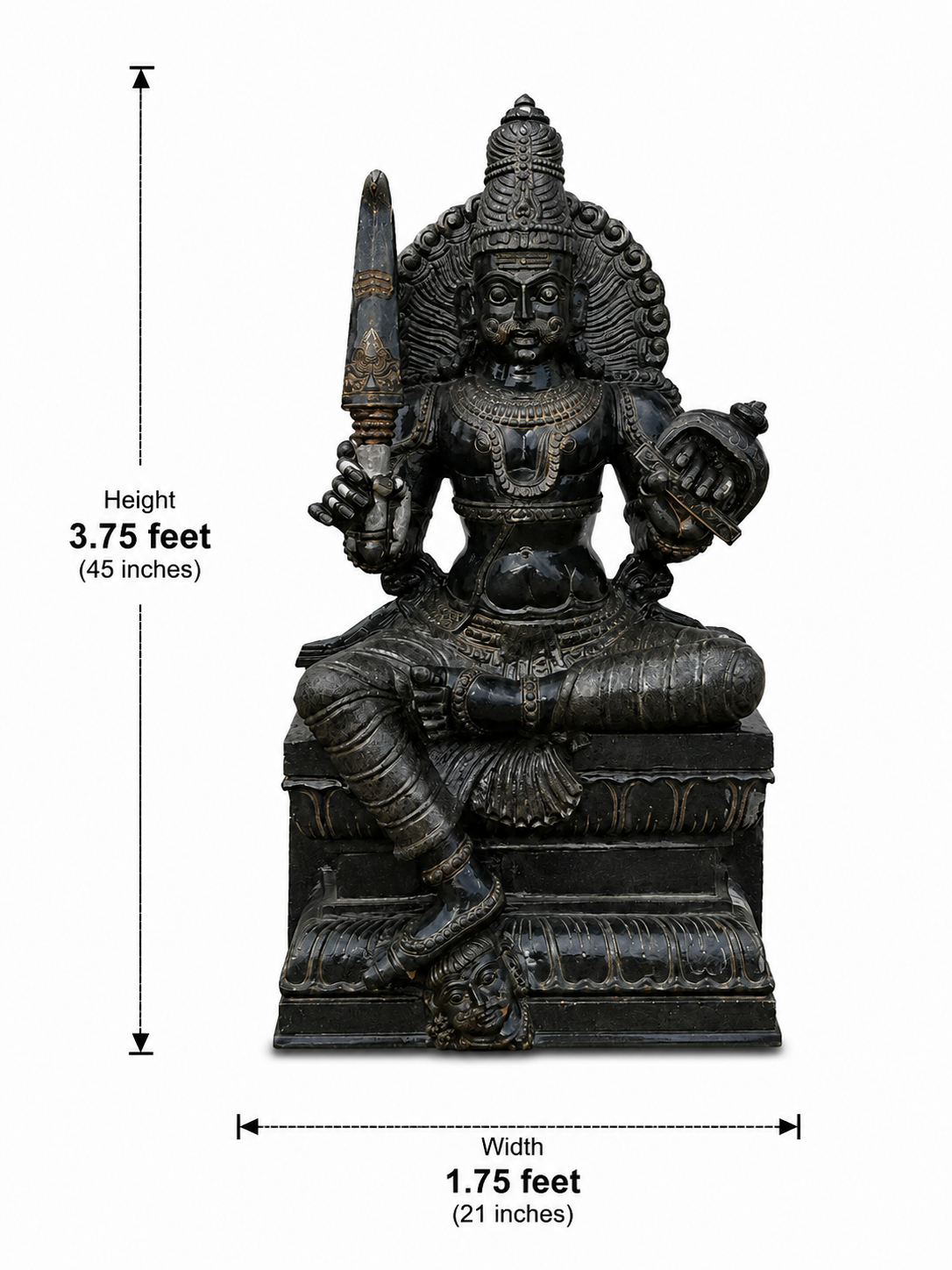 Hand-carved 3.75 ft Munishvaran statue in natural stone, product view 4 highlighting the guardian deity form and carved details.