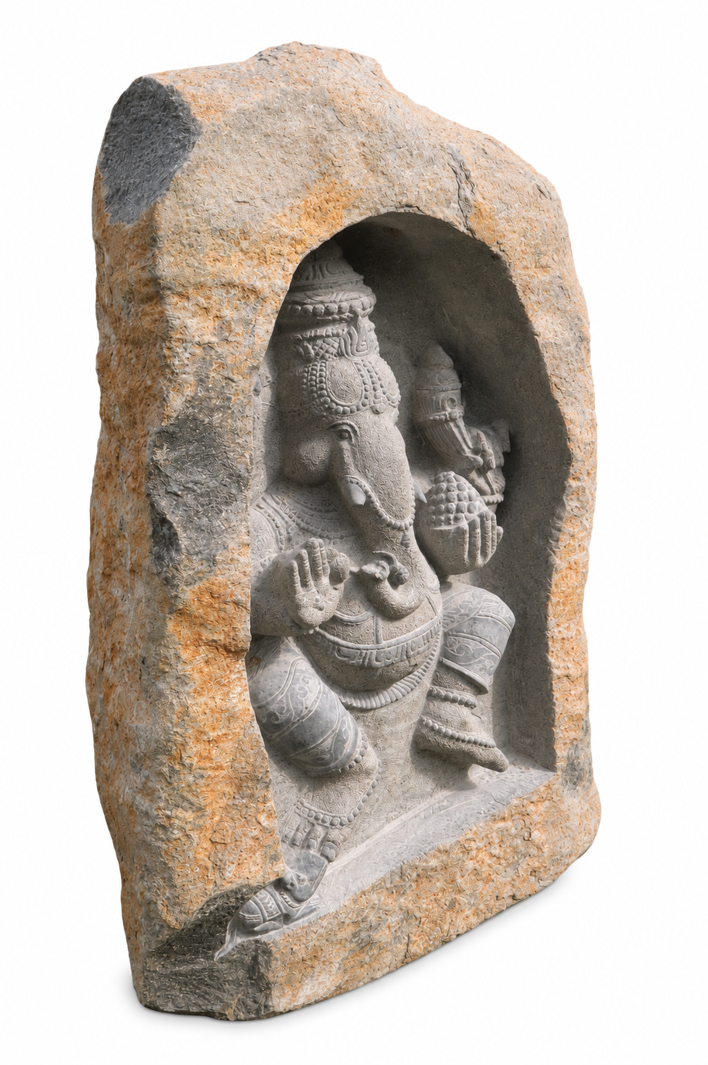 Hand-carved 3.9 ft Dancing Ganesha Boulder Statue in natural Charnockite stone, product view 3 showing the sculpture and carved details.