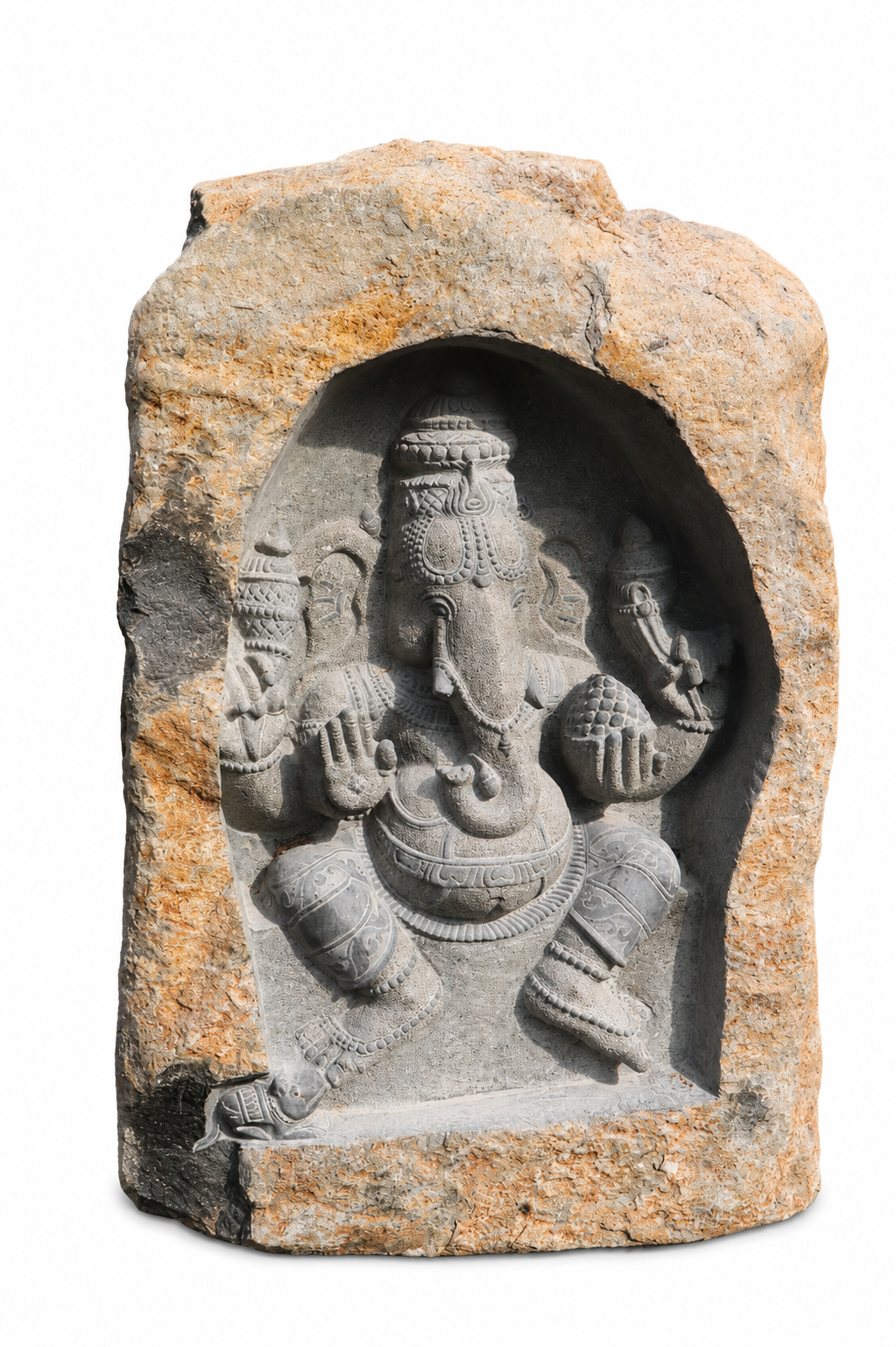 Hand-carved 3.9 ft Dancing Ganesha Boulder Statue in natural Charnockite stone, product view 4 showing the sculpture and carved details.
