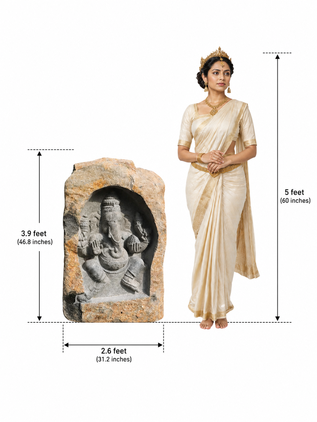 Hand-carved 3.9 ft Dancing Ganesha Boulder Statue in natural Charnockite stone, product view 6 showing the sculpture and carved details.