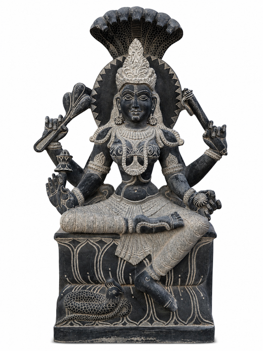 Hand-carved 3 ft Ambika Devi statue in natural stone, product view 1 highlighting the sculpture and carved details.