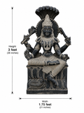 Dimension guide for a hand-carved 3 ft Ambika Devi statue in polished Charnockite black stone on a white background.