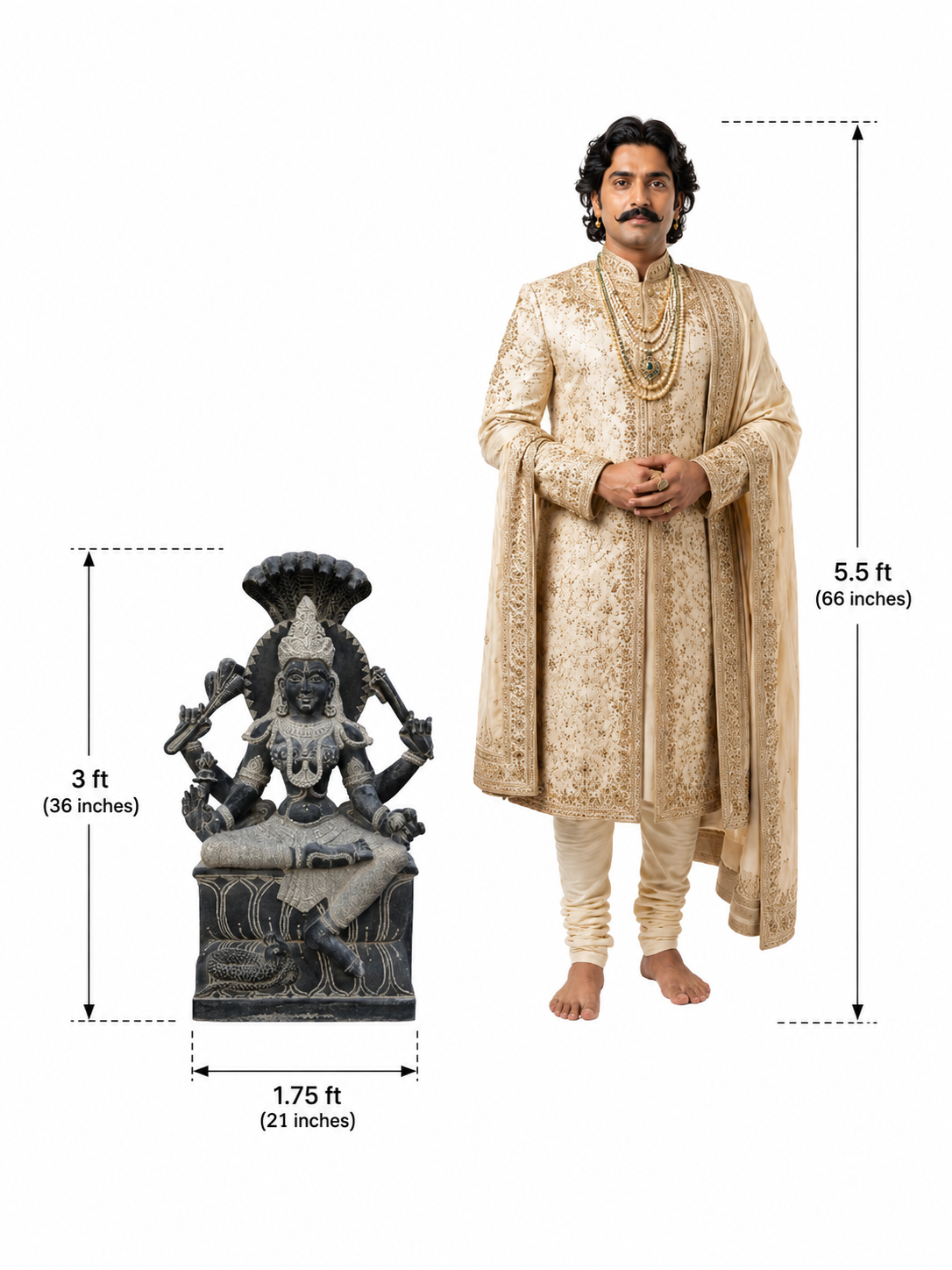 Hand-carved 3 ft Ambika Devi statue in polished Charnockite black stone shown beside an adult model for scale with measurements.