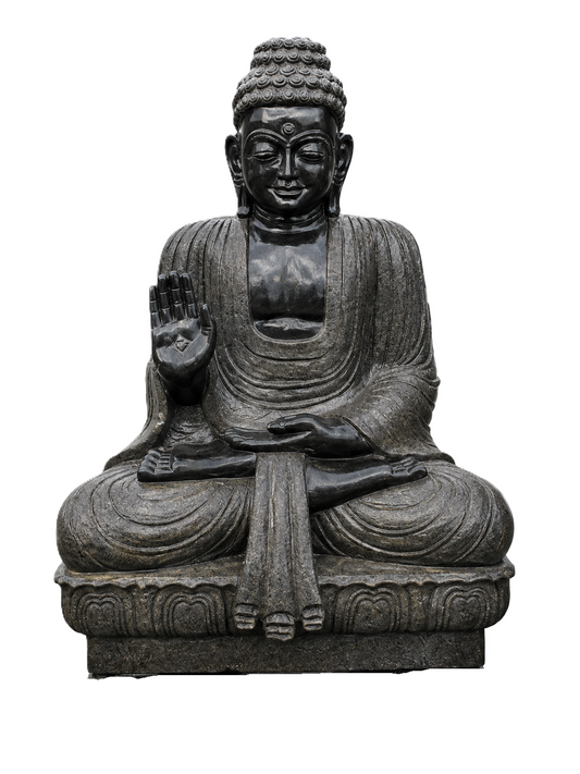 Hand-carved 3 ft Buddha statue in natural stone, product view 1 highlighting the meditative form and carved details.