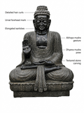 Hand-carved 3 ft Buddha statue in natural stone, product view 2 highlighting the meditative form and carved details.