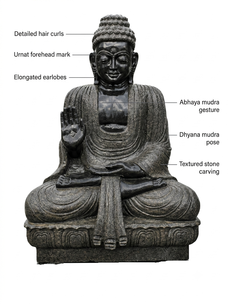 Hand-carved 3 ft Buddha statue in natural stone, product view 2 highlighting the meditative form and carved details.