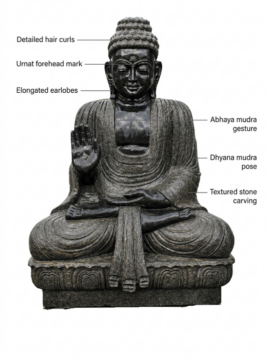 Hand-carved 3 ft Buddha statue in natural stone, product view 2 highlighting the meditative form and carved details.