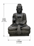 Hand-carved 3 ft Buddha statue in natural stone, product view 3 highlighting the meditative form and carved details.