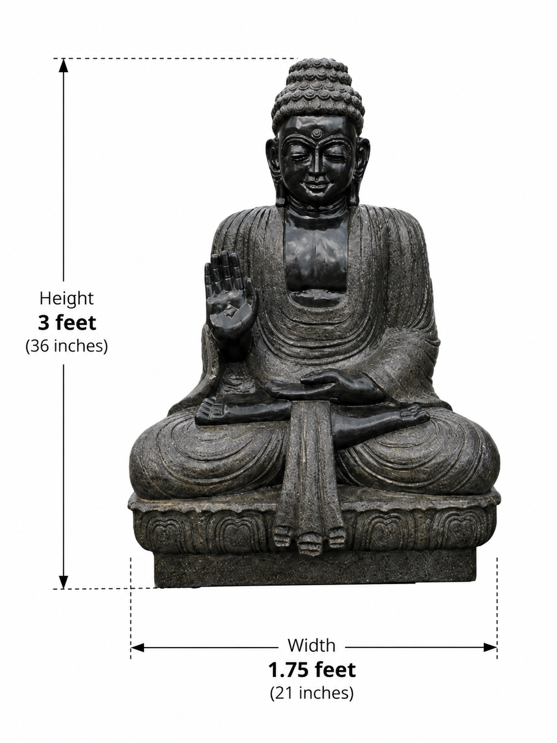 Hand-carved 3 ft Buddha statue in natural stone, product view 3 highlighting the meditative form and carved details.