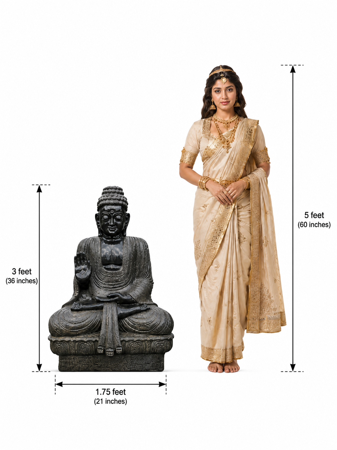 Hand-carved 3 ft Buddha statue in natural stone, product view 4 highlighting the meditative form and carved details.