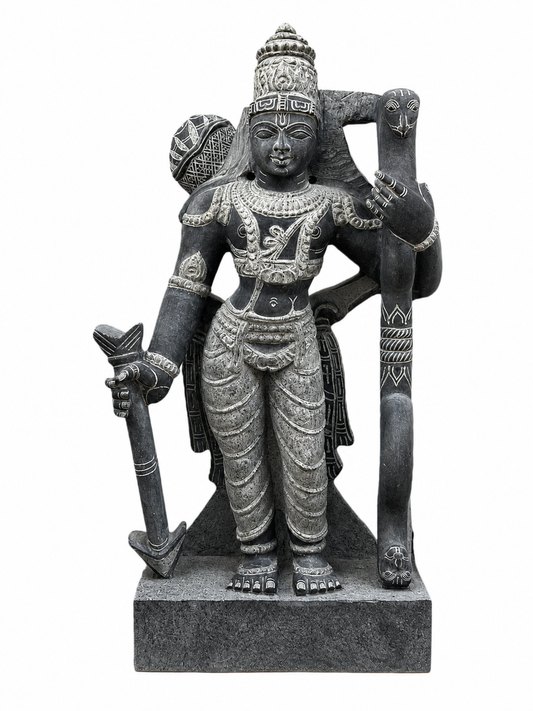 Hand-carved 3 ft Dasharathi Rama statue in natural stone, product view 1 highlighting the sculpture and carved details.