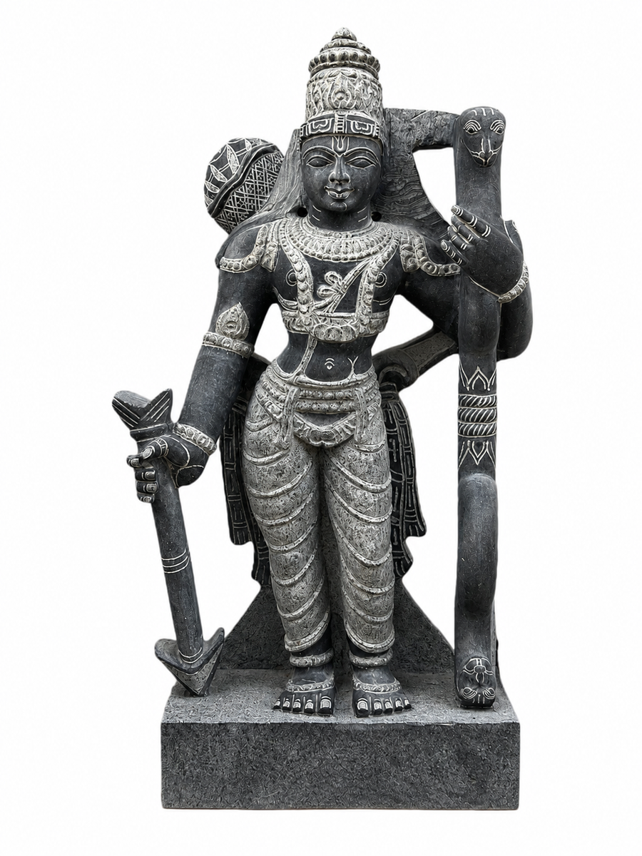 Hand-carved 3 ft Dasharathi Rama statue in natural stone, product view 1 highlighting the sculpture and carved details.