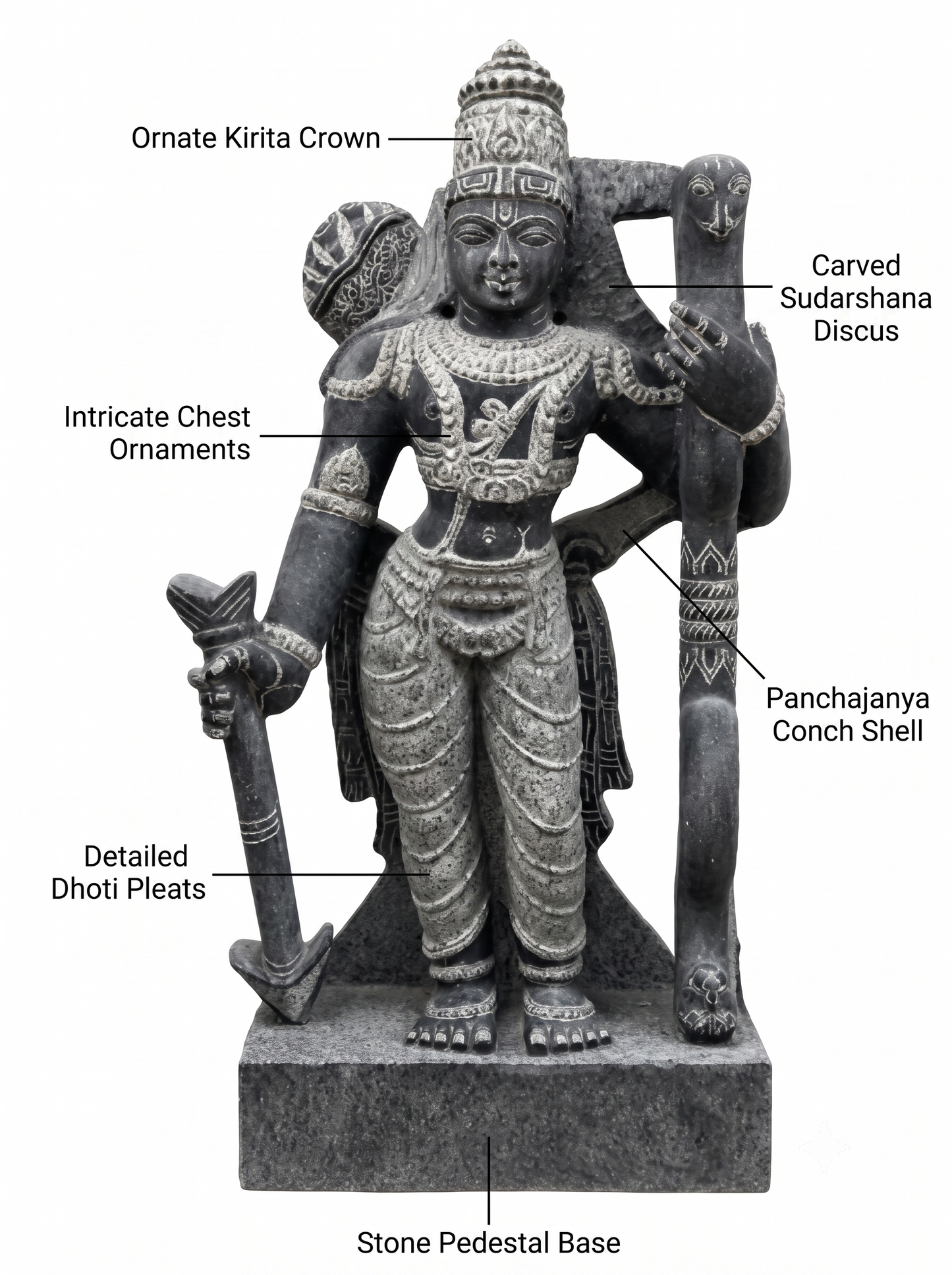 Hand-carved 3 ft Dasharathi Rama statue in natural stone, product view 2 highlighting the sculpture and carved details.