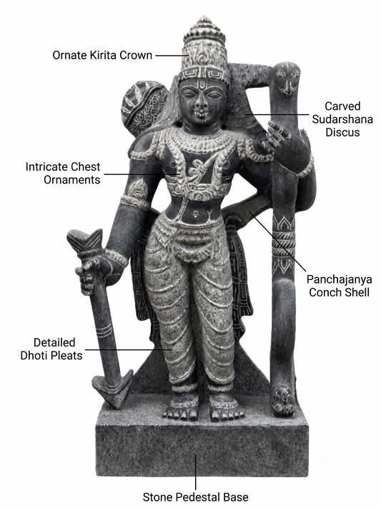 Hand-carved 3 ft Dasharathi Rama statue in natural stone, product view 2 highlighting the sculpture and carved details.