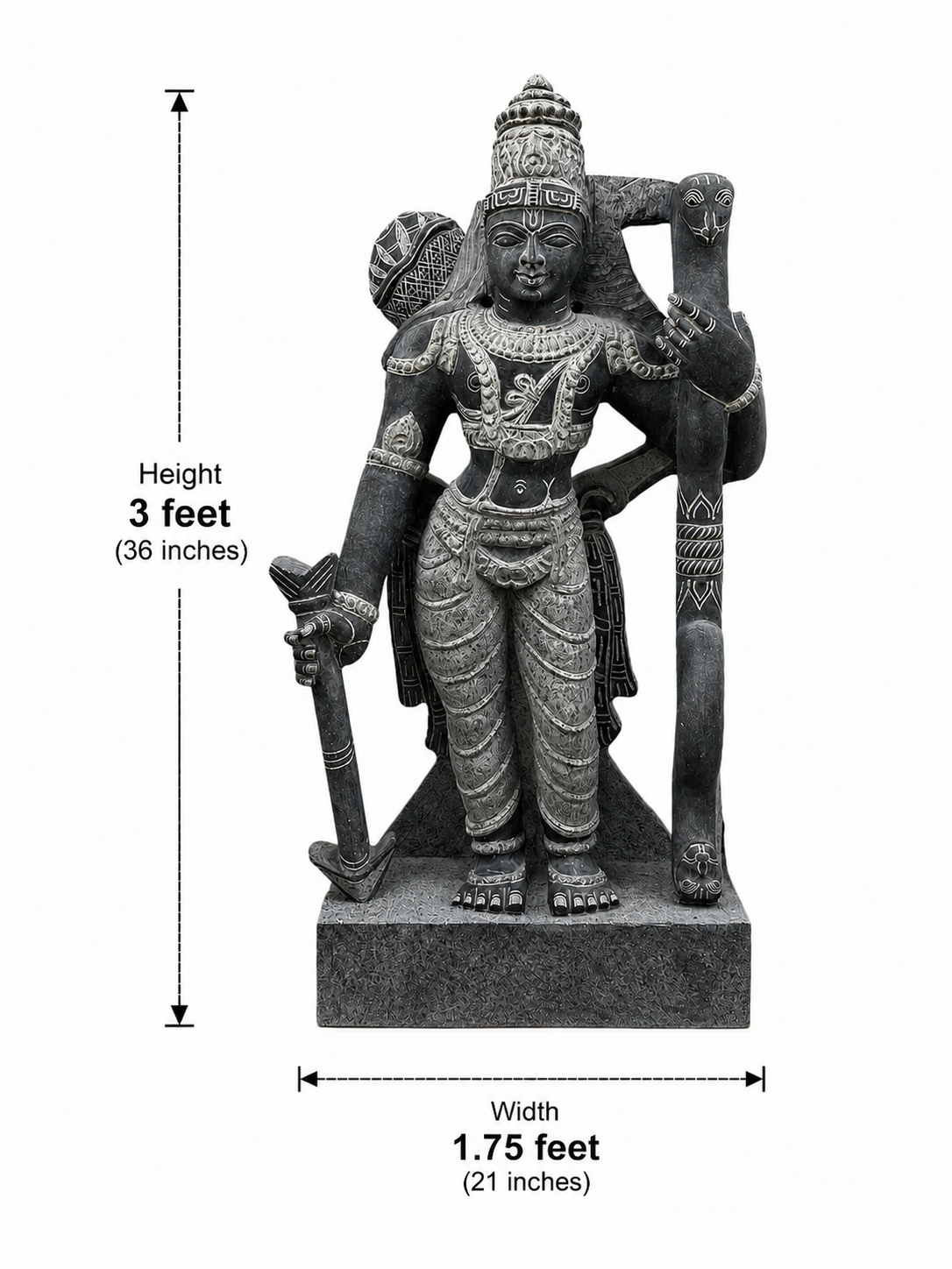 Dimension guide for a hand-carved 3 ft Dasharathi Rama statue in polished Charnockite black stone on a white background.