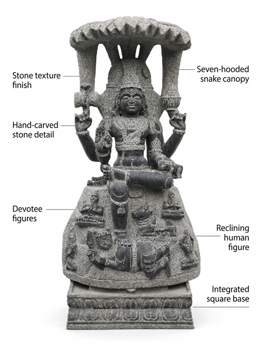 Hand-carved 3 ft Guru Dakshinamurthy statue in natural stone, product view 2 highlighting the seated teaching form and carved details.